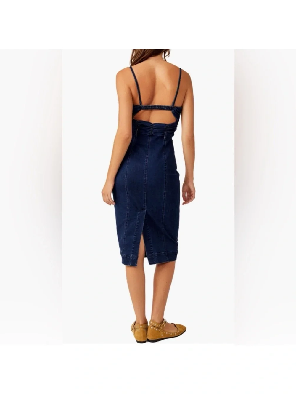Free People Serenity Ruched Denim Midi Dress Midnight Size S